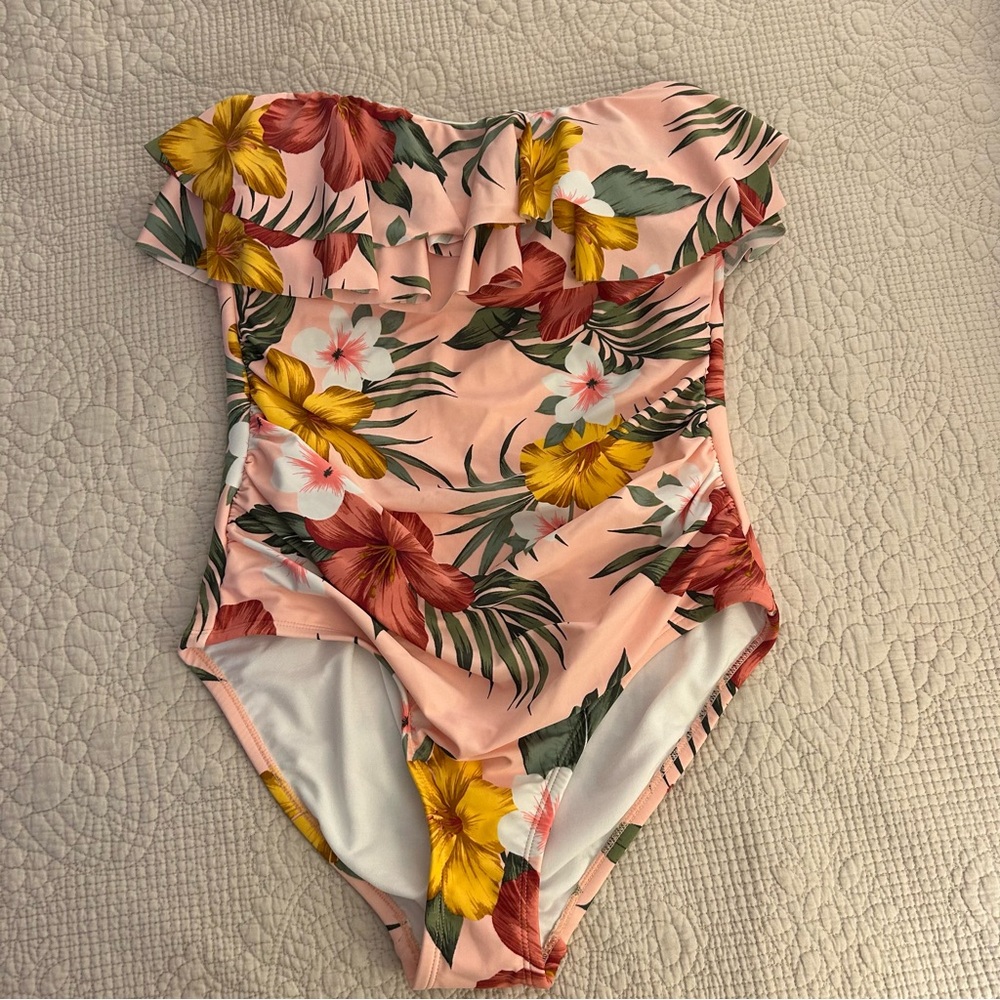 Kona Sol Floral Ruffle One Piece Swimsuit - Pink and Yellow